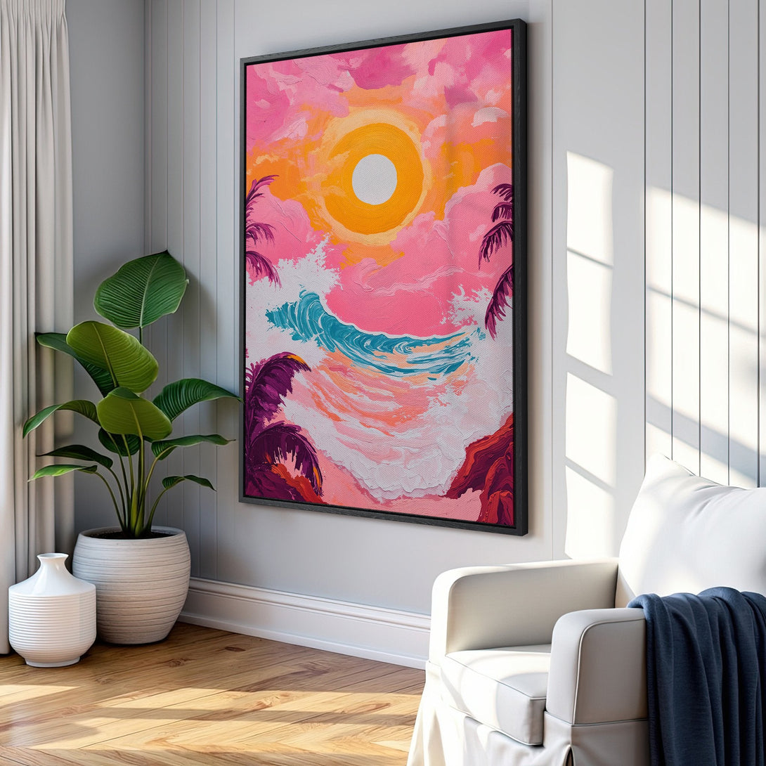 Framed Wall Art: Abstract beach scene Canvas Print with vibrant pink, orange, and teal hues. Perfect for adding a pop of color and coastal vibes to your home decor.