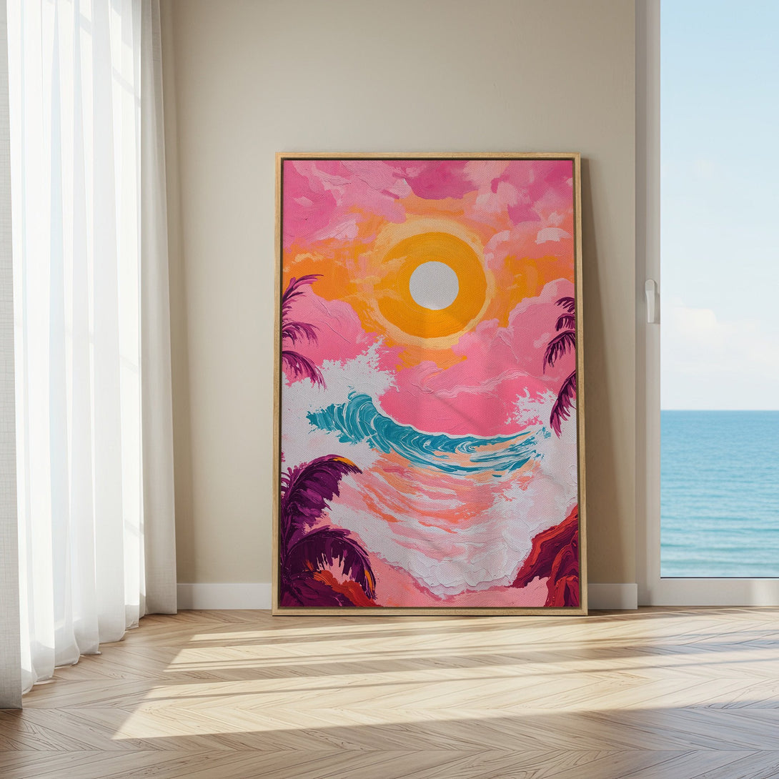 Framed Wall Art: Sunset beach scene in vibrant pink, orange, and teal hues. Modern, textured style canvas print for coastal decor.