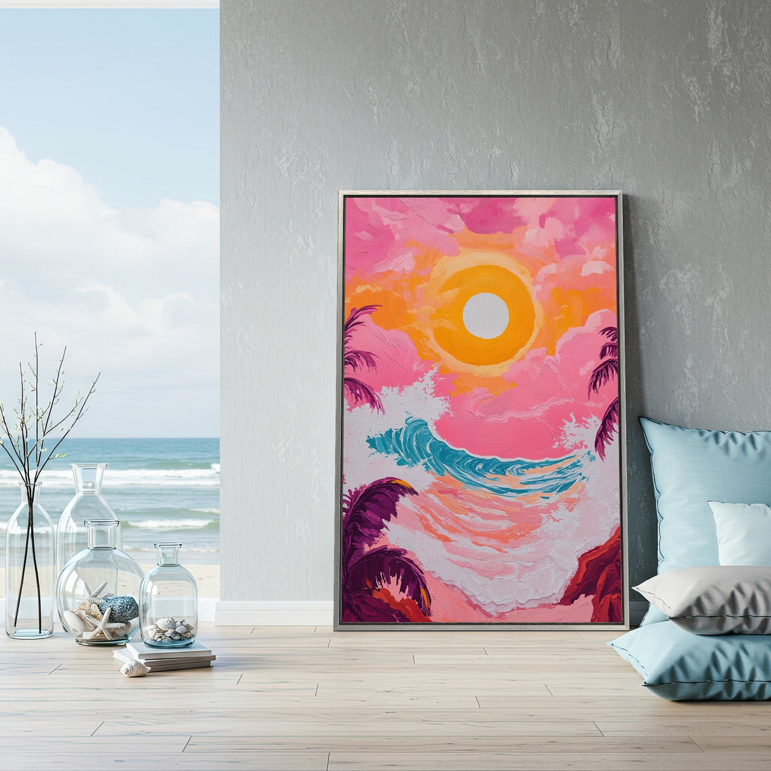 Framed Wall Art: Tropical sunset canvas print in vibrant pinks, oranges, and blues. Coastal art for a pop of color and beachy vibes.