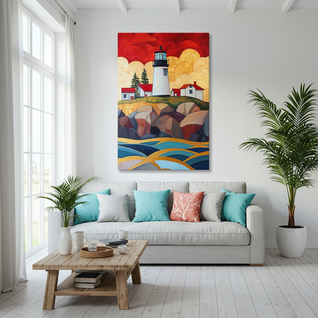 Framed Wall Art: Lighthouse painting in a coastal style with a warm red, blue, and gold color palette. Perfect for adding a touch of the sea to your home!