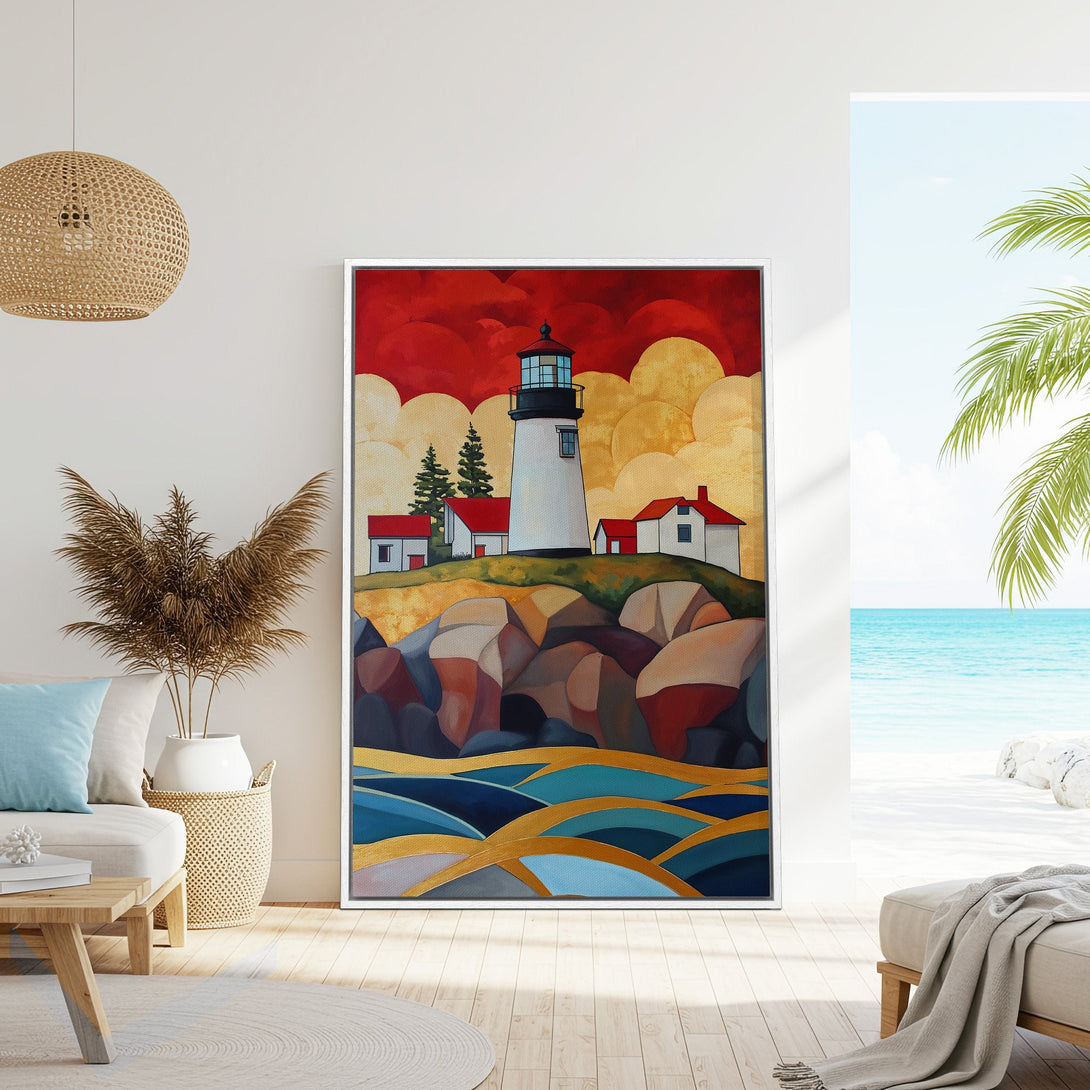 Framed Wall Art: Lighthouse painting with bold red, gold, and blue hues. Coastal style art for living room decor. Add a touch of the sea to your home.