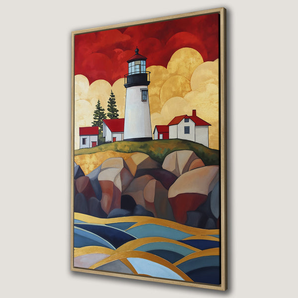 Framed Wall Art: Lighthouse art print with a bold, colorful style. Features a coastal scene with red, gold, and blue hues. Perfect for adding a pop of color to your space!