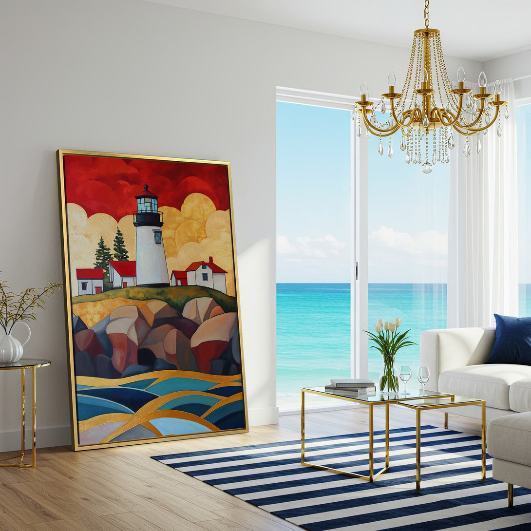 Canvas Print of a lighthouse painting in a modern interior. Features a vibrant red, yellow, and blue color palette, perfect coastal wall art.