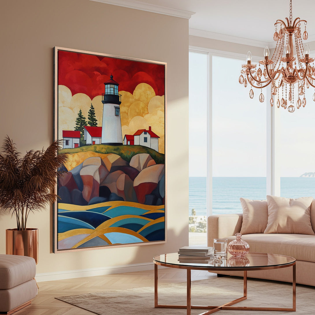 Framed Wall Art: Coastal lighthouse painting in vibrant red, gold, and blue hues. Modern art style adds a pop of color to any interior.