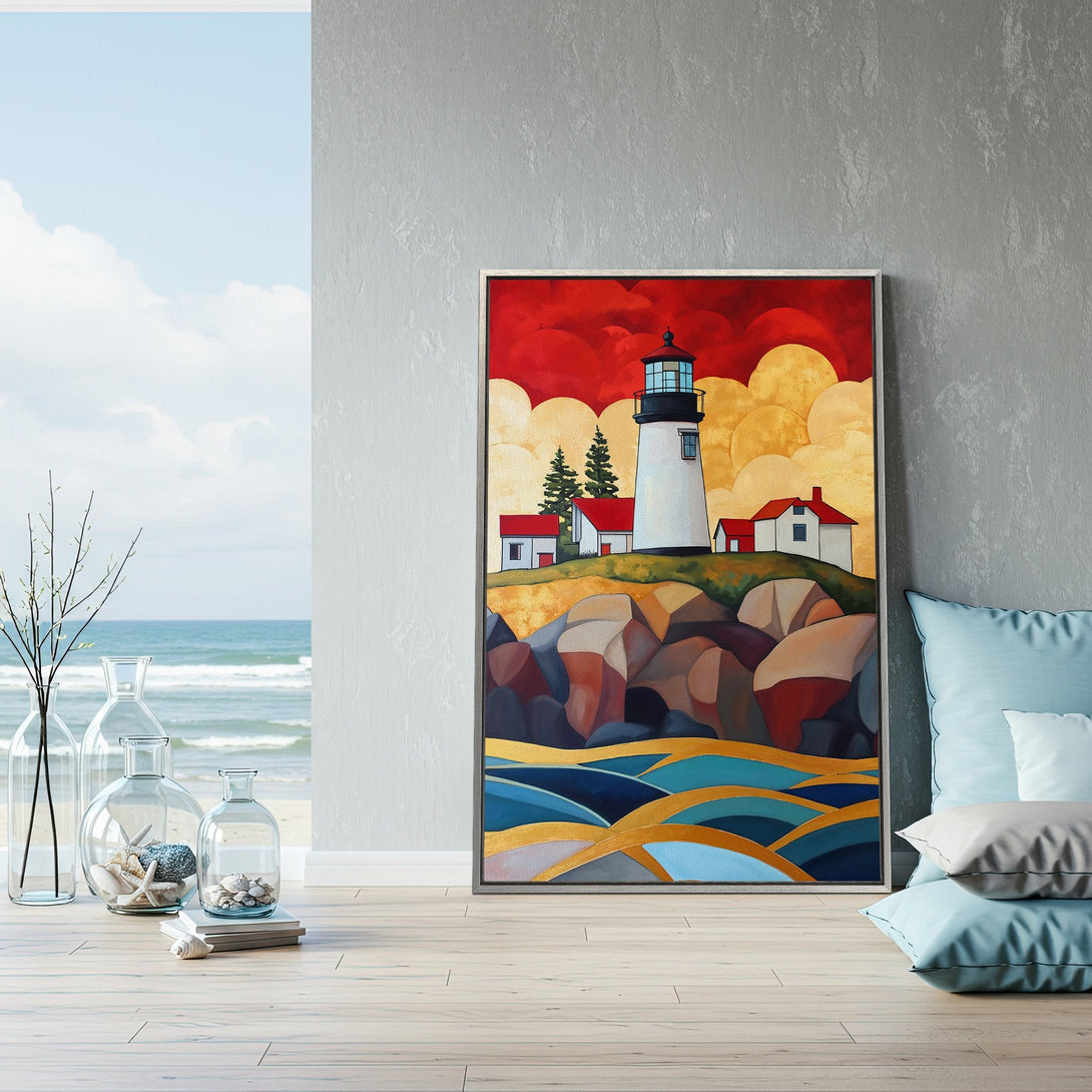 Framed Wall Art: Lighthouse painting in a modern style with a vibrant red, gold, and blue color palette. Perfect coastal decor for your home!