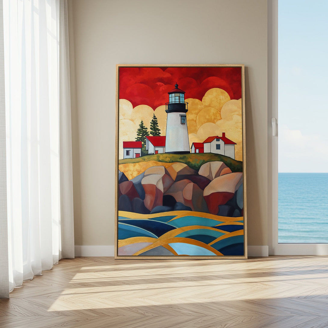 Framed Wall Art: Coastal lighthouse painting in vibrant red, gold, and blue. Modern art style adds a pop of color to any space. Shop now!