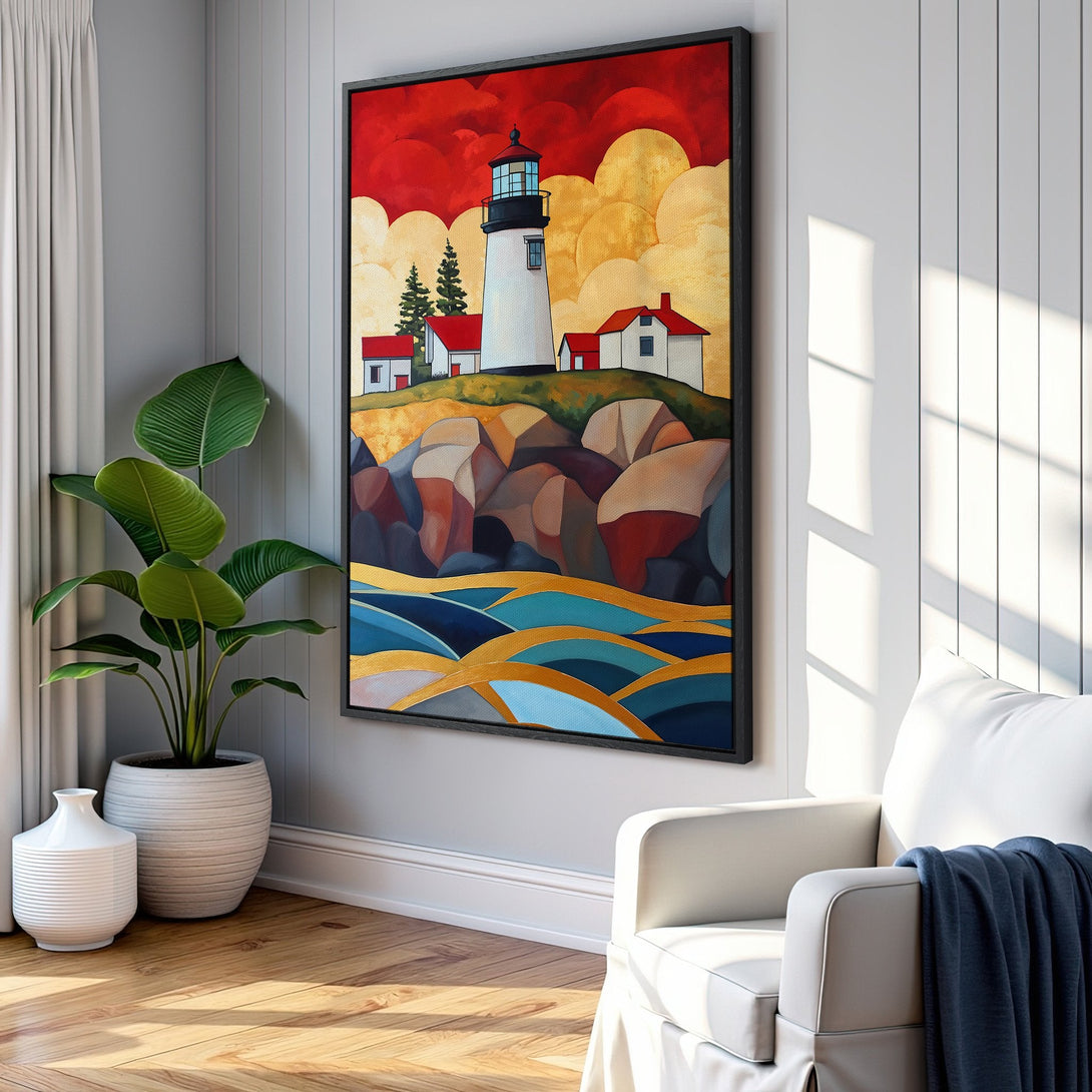 Framed Wall Art featuring a lighthouse painting in a modern style with a vibrant red, gold, and blue color palette, adding a touch of coastal charm.