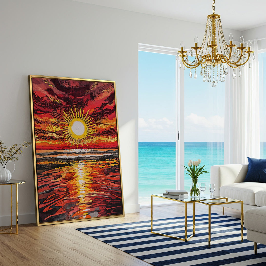 Canvas Print of a vibrant sunset painting in red, orange, and yellow hues, perfect for adding warmth and style to any living room.