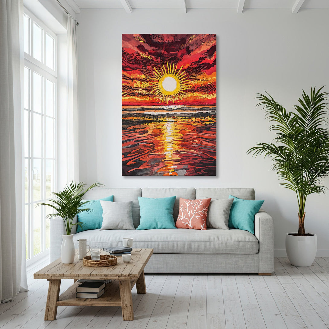 Framed Wall Art featuring a vibrant sunset over the ocean. Warm red, orange, and gold tones create a stunning, artistic Canvas Print for your home.