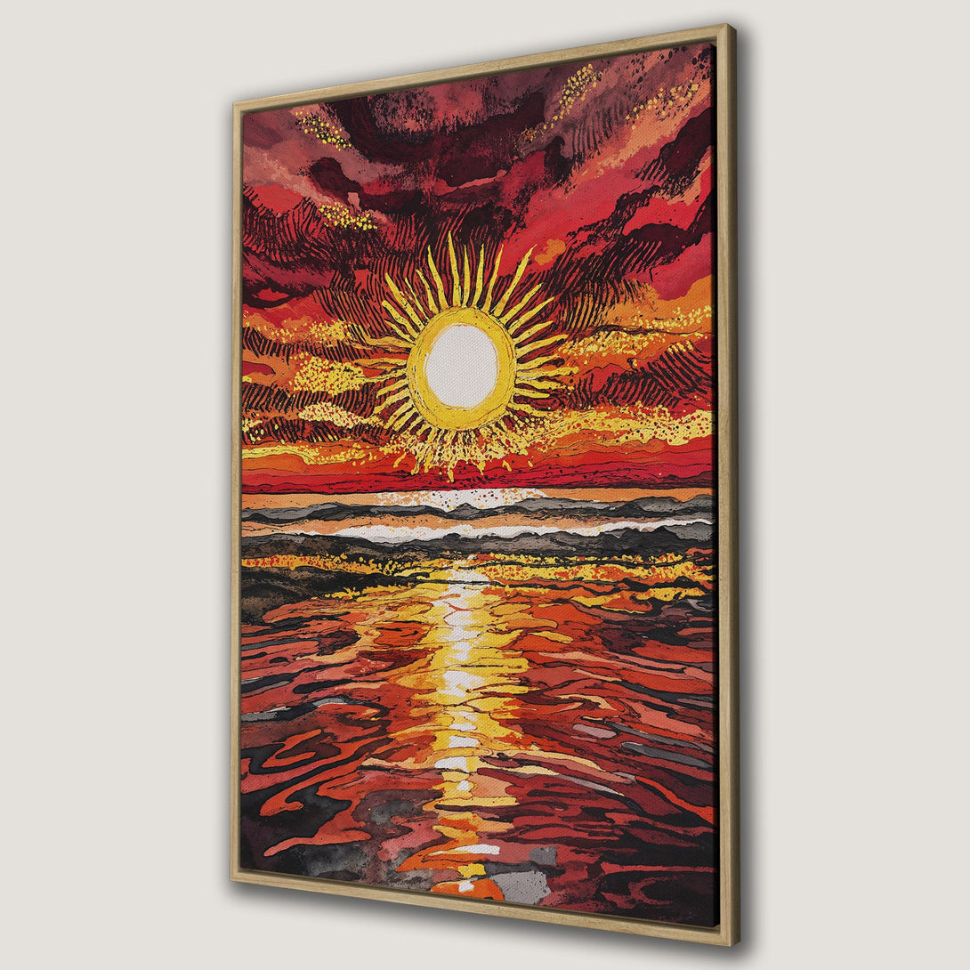 Framed Wall Art Canvas Print of a vibrant sunset over water. Abstract style with a warm red, orange, and yellow color palette, perfect for home decor.