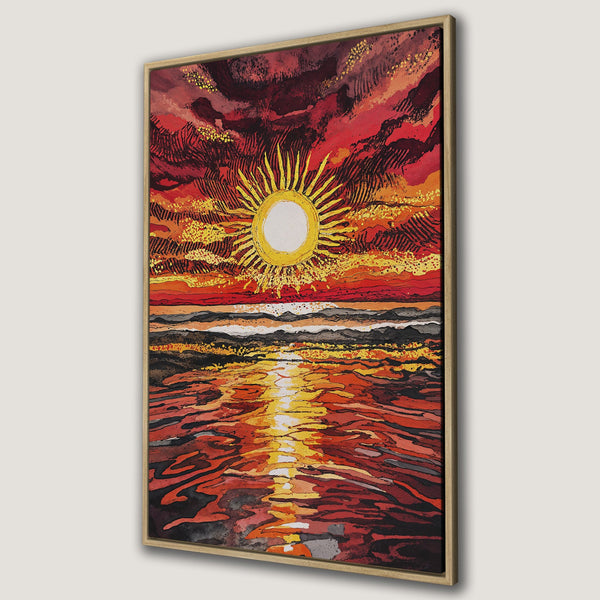 Framed Wall Art Canvas Print of a vibrant sunset over water. Abstract style with a warm red, orange, and yellow color palette, perfect for home decor.