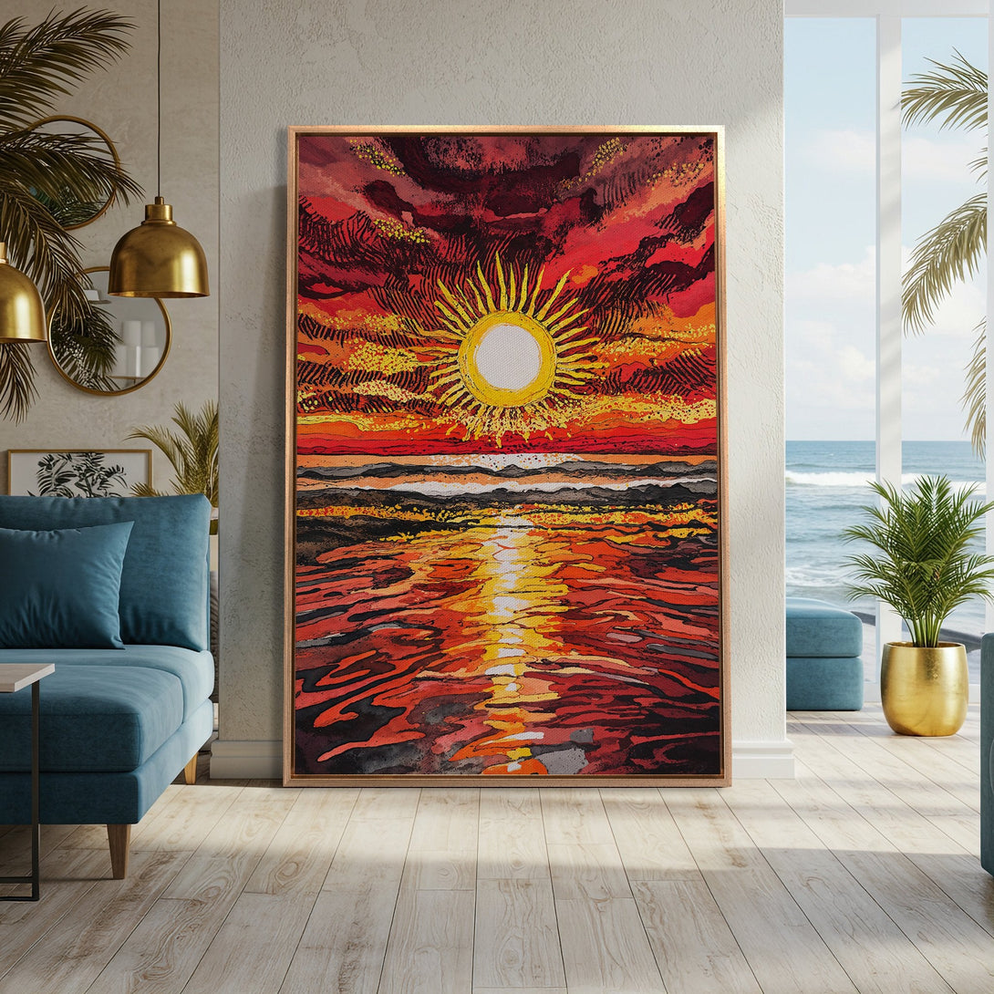 Framed Wall Art: Abstract sunset Canvas Print in fiery red, orange, and yellow tones. Modern art for your home, bringing warmth and style.