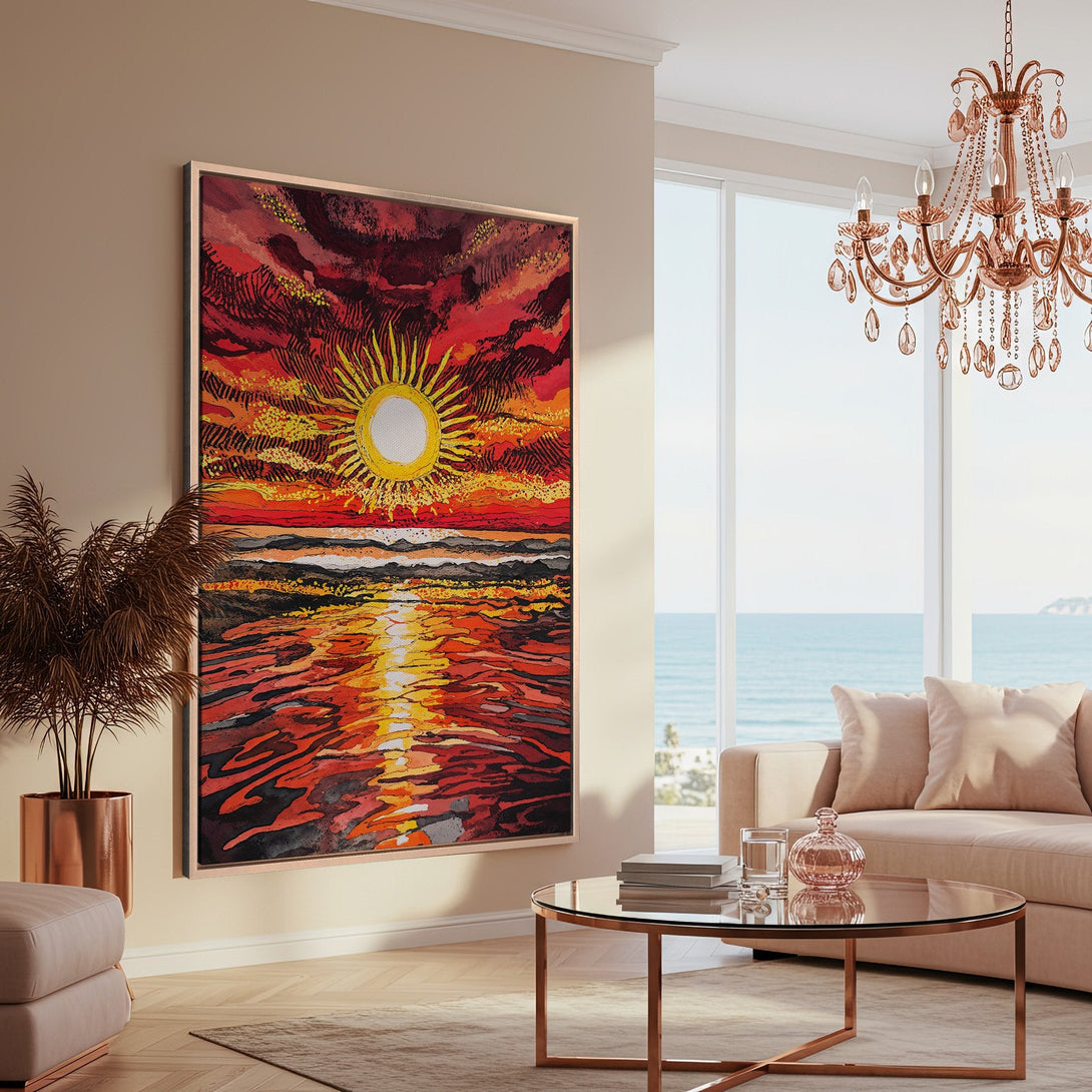 Framed Wall Art: Vibrant sunset Canvas Print in a modern living room. Features a warm red, orange, and yellow color palette. Perfect coastal decor.
