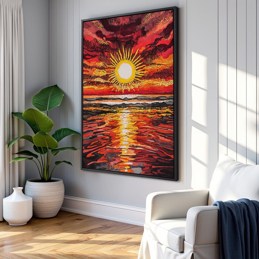 Framed Wall Art: Abstract sunset canvas print in vibrant red and yellow hues. Modern art for living room or bedroom decor.