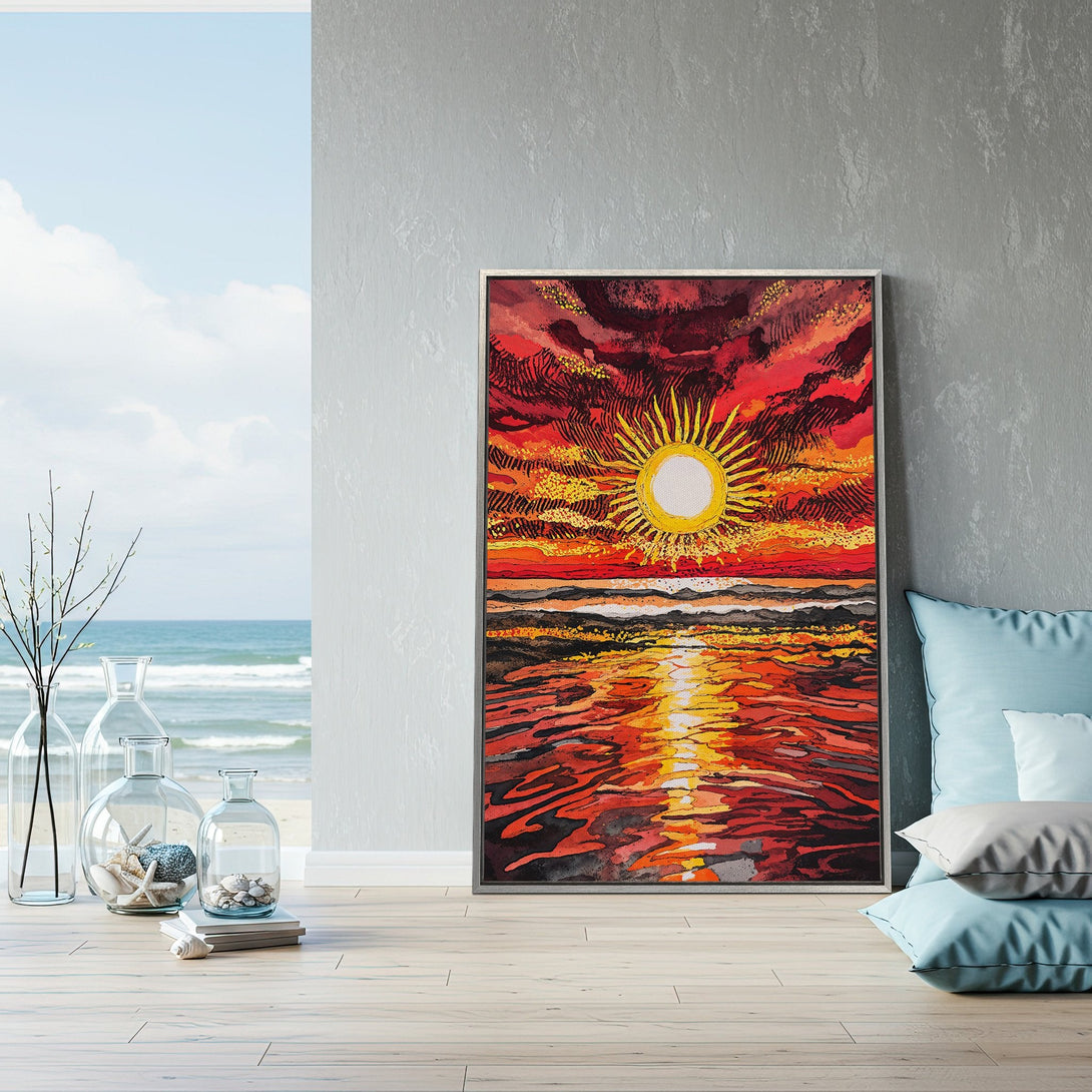 Framed Wall Art: Abstract sunset canvas print in vibrant red and orange hues. Coastal decor inspiration for a warm and inviting space.