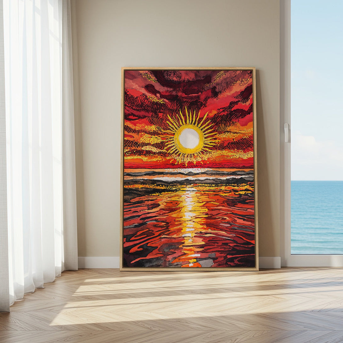 Framed Wall Art: Sunset over ocean, vibrant abstract style with red, orange, and yellow hues. Perfect for adding warmth and color to any space.