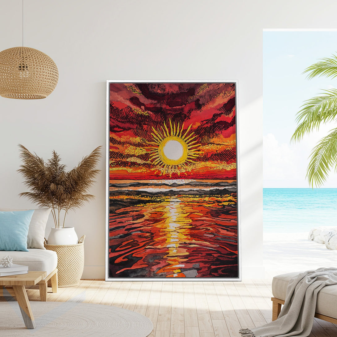 Framed Wall Art: Abstract sunset canvas print in warm red and yellow tones. Perfect for adding vibrant art to your home decor.