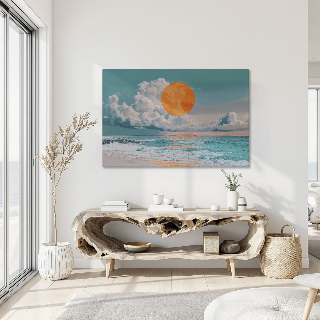 Framed Wall Art featuring a beach scene with a vibrant orange sun, teal ocean, and white clouds. Coastal art in a modern interior, perfect for home decor.