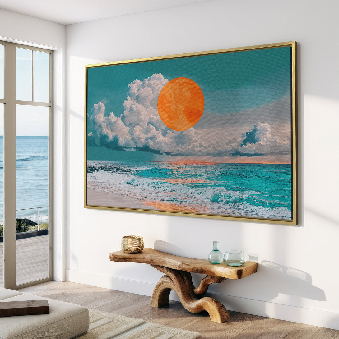 Canvas Print featuring a dreamy ocean scene with a vibrant orange moon. Coastal style art with a calming teal and orange color palette. Perfect wall decor!