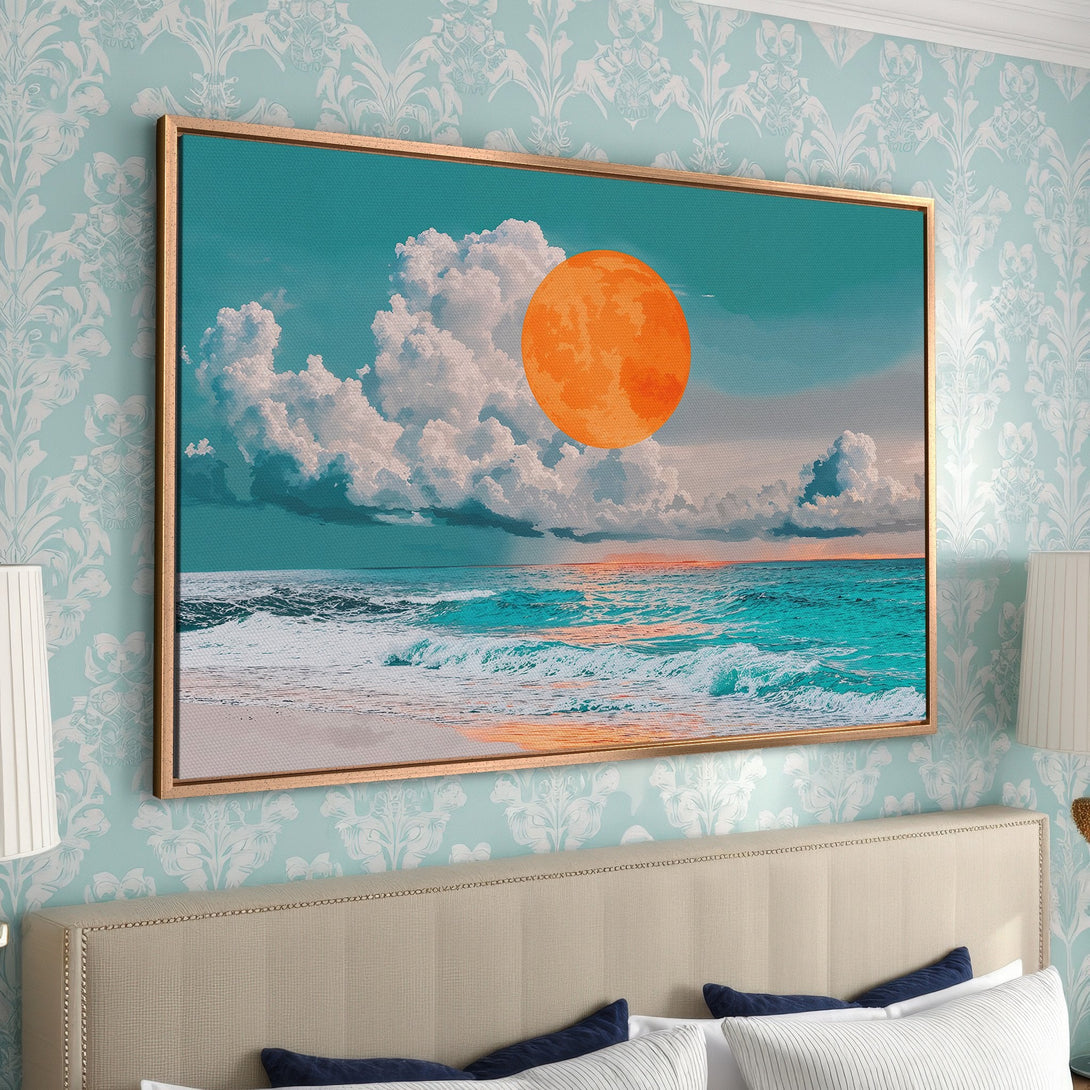 Framed Wall Art: Coastal sunset canvas print with vibrant teal, orange, and white hues. Modern art perfect for bedroom decor, adding a touch of serenity.
