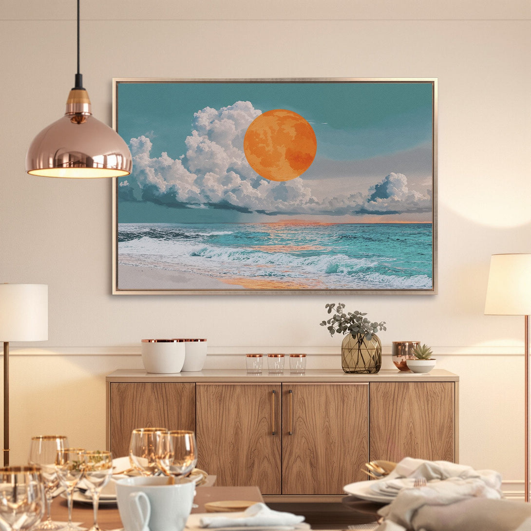 Framed Wall Art: Coastal landscape with orange sun, turquoise sea, and white clouds. Modern style, calming color palette. Perfect for living rooms.