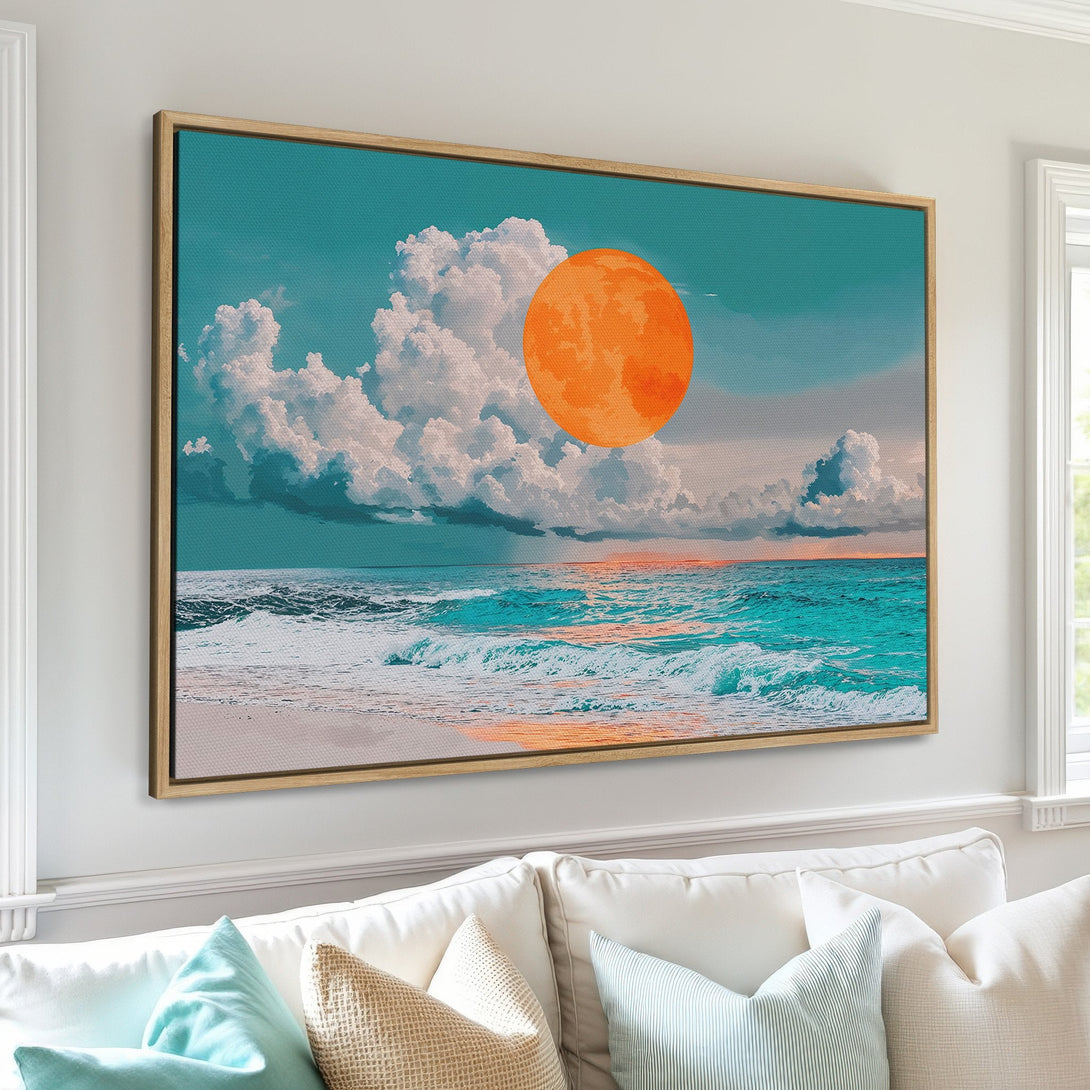 Framed Wall Art: Dreamy beach scene with a vibrant orange sun, turquoise water, and white clouds. Coastal art in a calming teal and orange color palette.