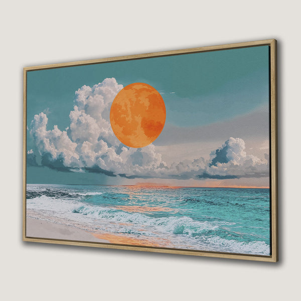 Framed Wall Art: Coastal landscape with orange sun over ocean. Artwork in teal, orange, and white. Perfect for beach house decor.