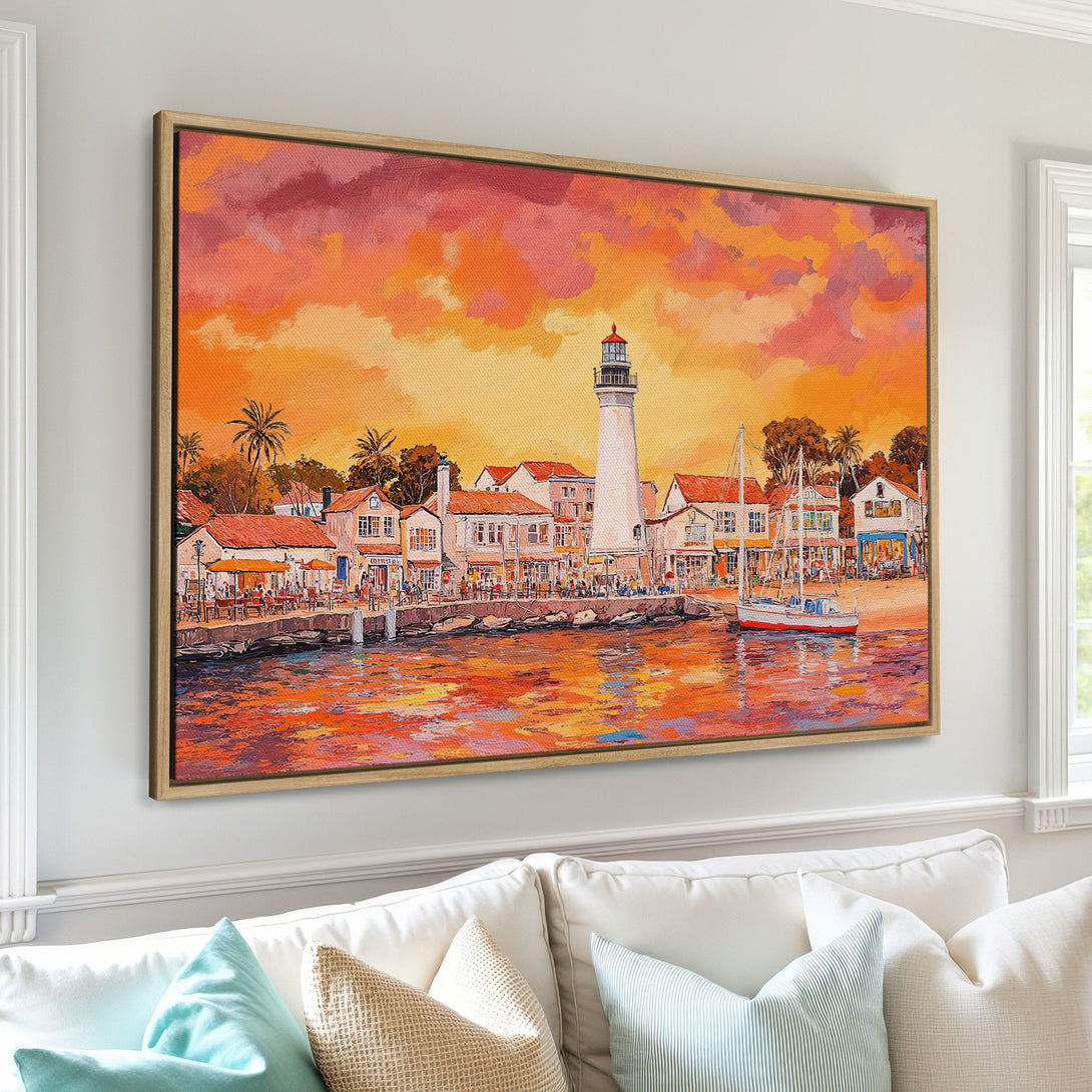 Framed Wall Art: Coastal landscape Canvas Print with vibrant orange and red sunset over a harbor. Perfect for adding warmth and style to your home decor.