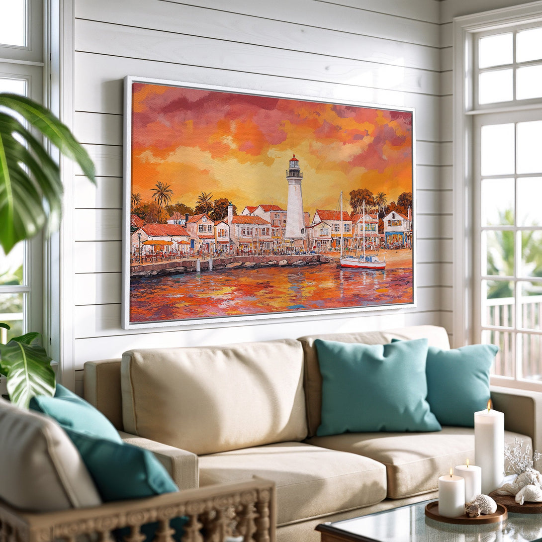 Framed Wall Art: Coastal lighthouse scene in warm sunset colors. Impressionist style canvas print adds a touch of serenity to any room.