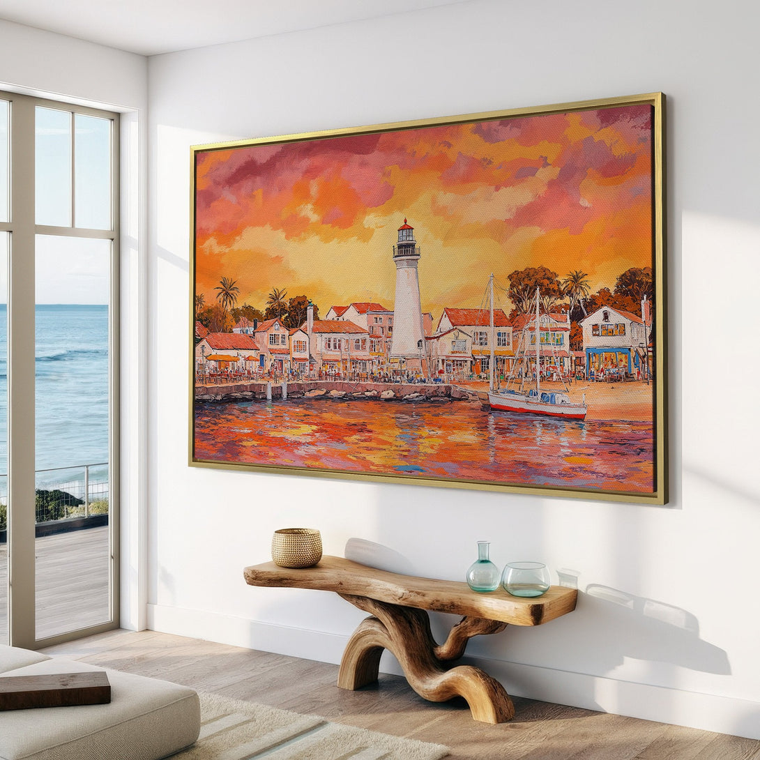 Canvas Print of a coastal scene with a lighthouse, warm sunset colors. Perfect wall art for a living room, adding a touch of vacation vibes.