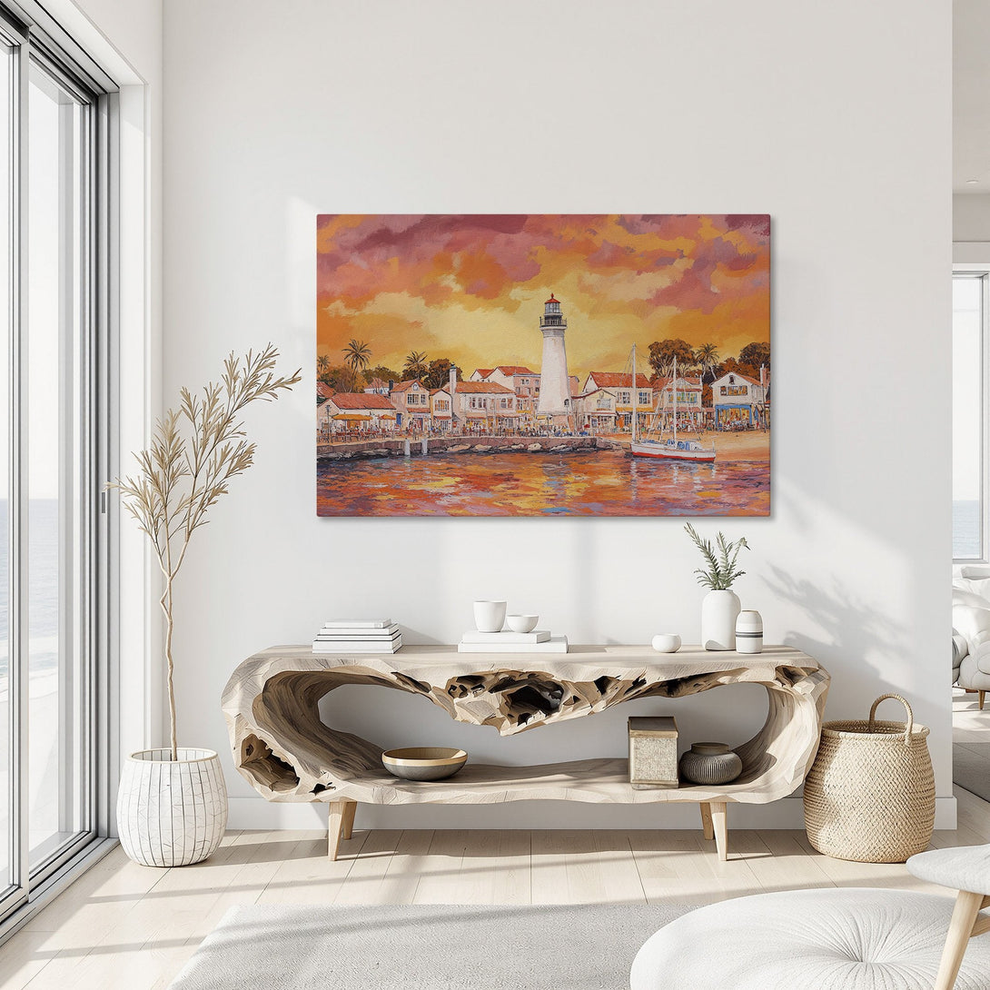 Framed Wall Art: Coastal scene Canvas Print with lighthouse & warm sunset colors. Perfect for adding a touch of art to your home decor.