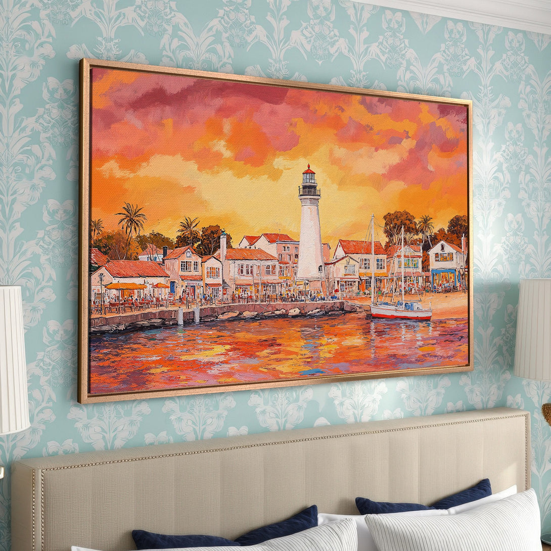 Framed Wall Art: Coastal sunset scene Canvas Print. Impasto style painting with warm orange, red, and yellow hues. Perfect for living room or bedroom decor.