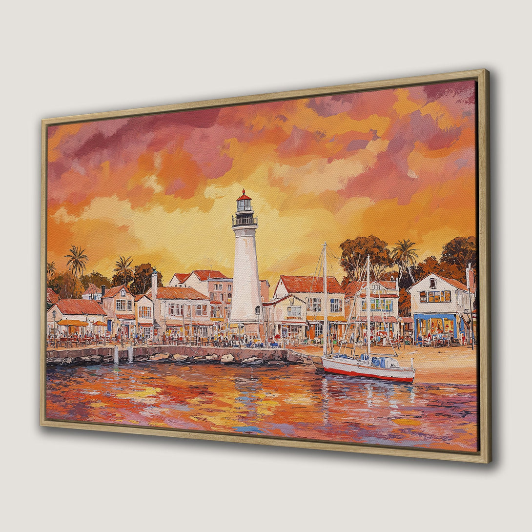 Framed Wall Art: Coastal sunset scene with lighthouse, boats, and buildings. Warm orange and red color palette. Perfect for adding a touch of art to your home.