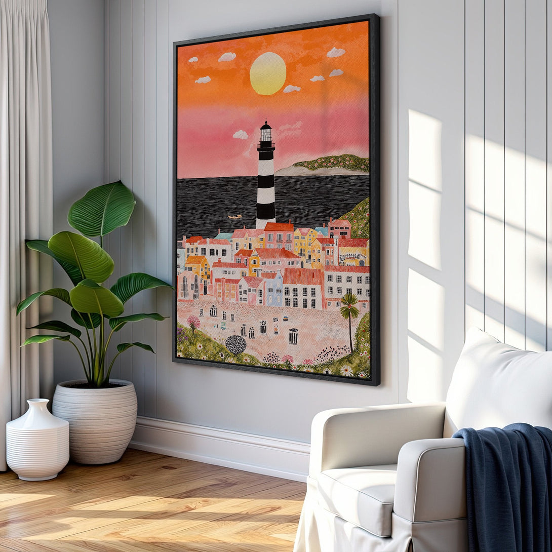 Framed Wall Art of a coastal scene with a lighthouse, vibrant sunset, and colorful buildings. Adds a touch of warmth and style to any space!