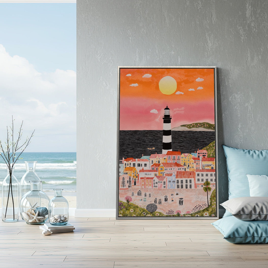 Framed Wall Art: Coastal town scene with lighthouse in a colorful, whimsical style. Warm orange, pink, and blue hues. Perfect for beach house decor.