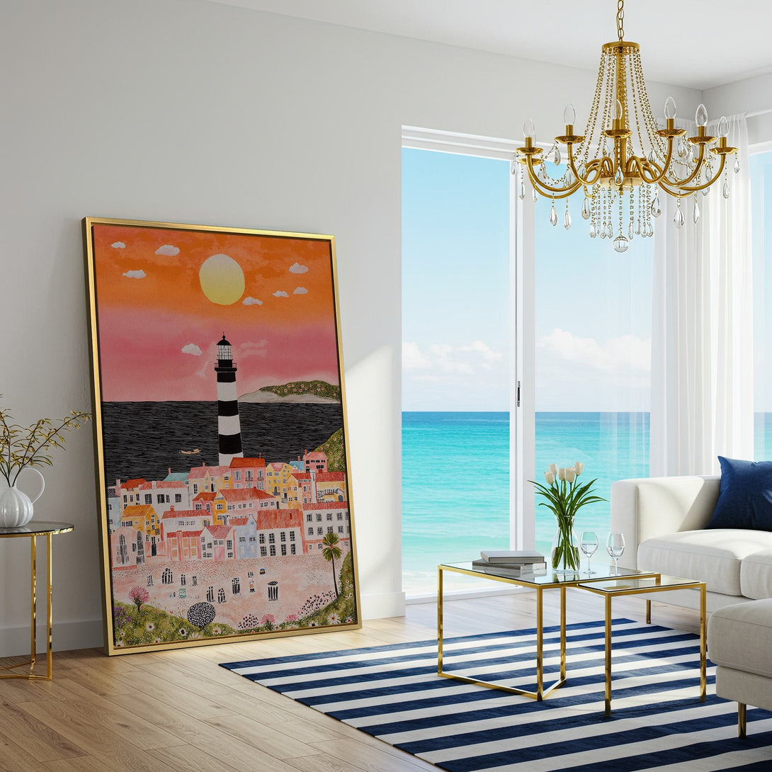 Canvas Print of coastal town art with lighthouse, sunset colors. Perfect wall art for living room decor.