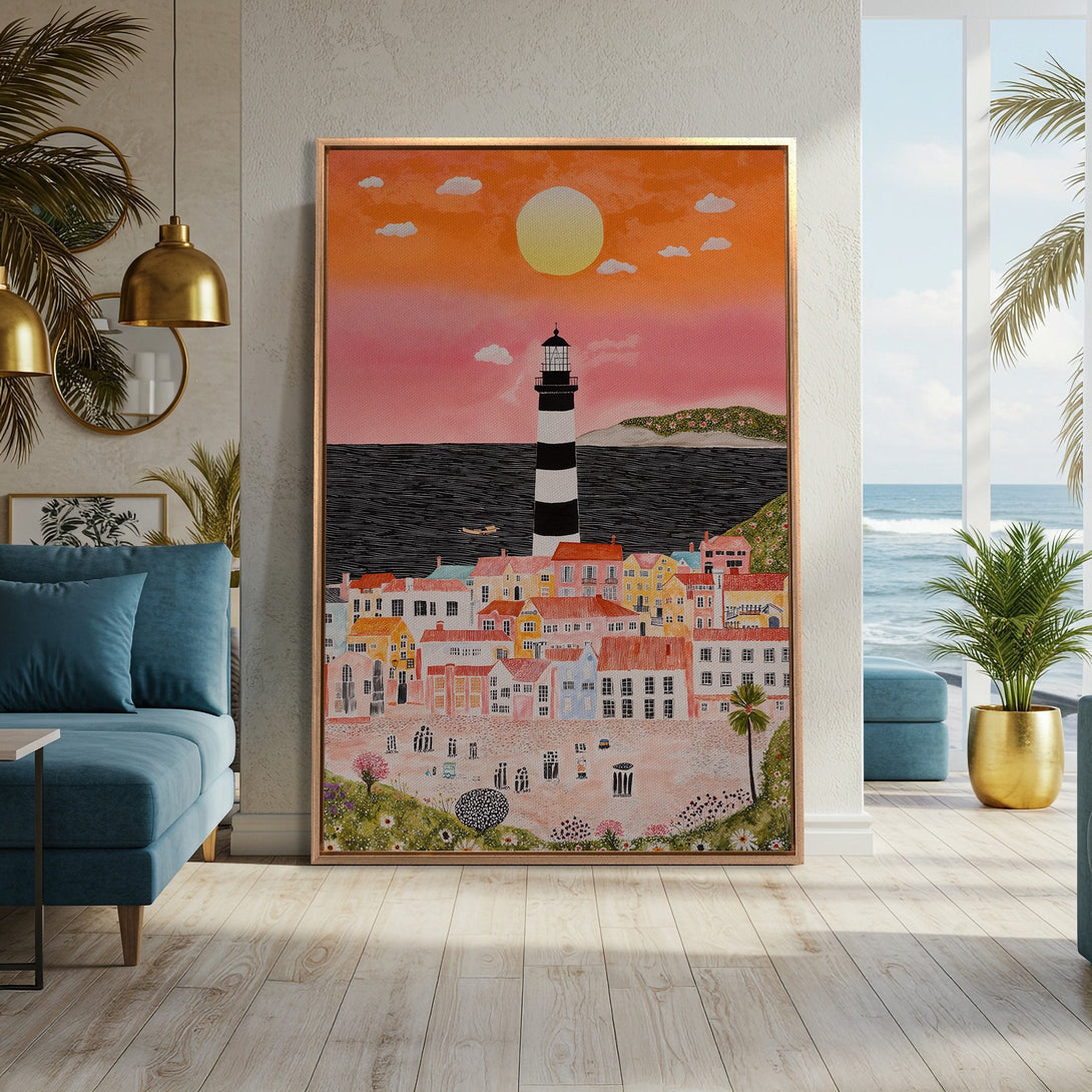Framed Wall Art: Coastal town scene in warm sunset hues. Whimsical art style with a vibrant orange, pink, and yellow color palette. Bring the beach home!