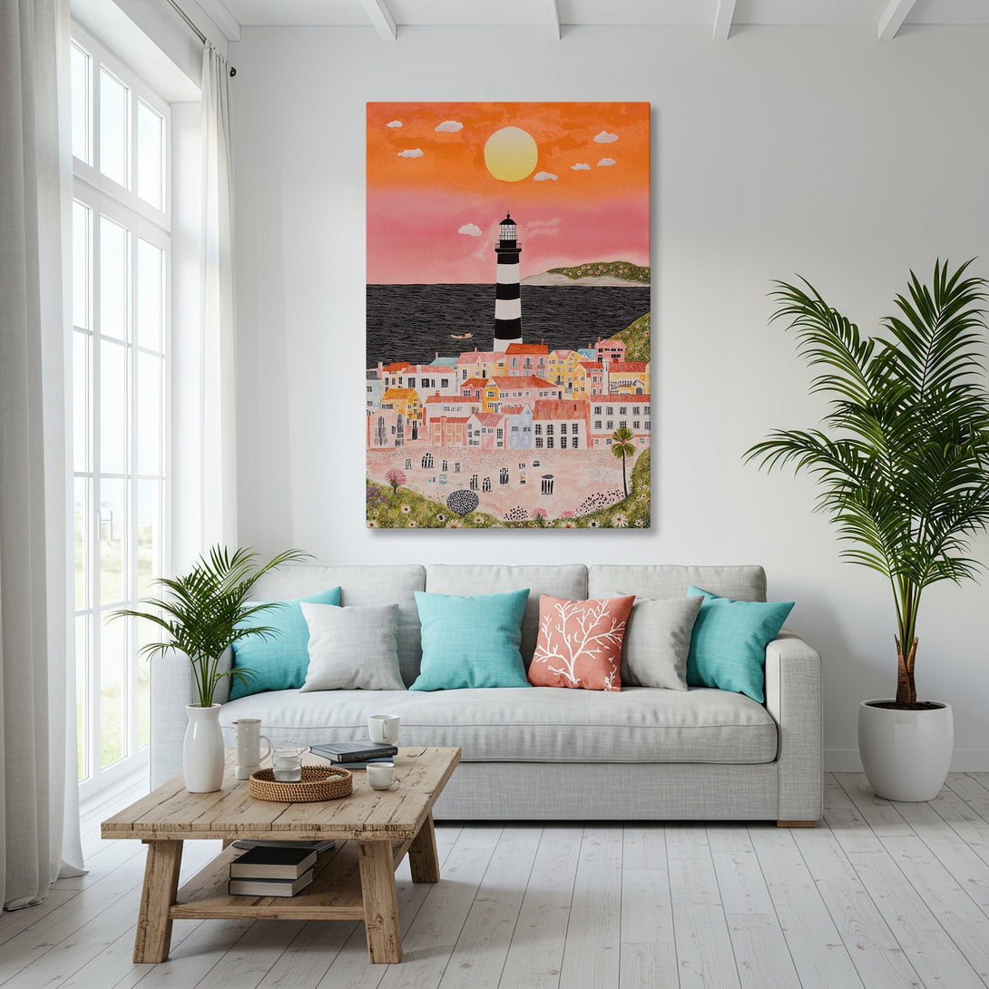 Framed Wall Art: Coastal town scene Canvas Print in warm sunset hues. Adds a touch of seaside charm to any interior. Featuring a lighthouse and colorful buildings.