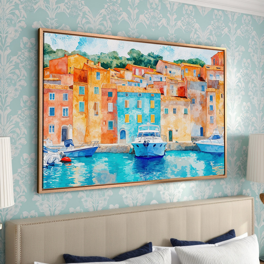 Framed Wall Art: Watercolor coastal scene with boats & colorful buildings. Warm orange, blue & turquoise palette. Perfect for adding art to your home!