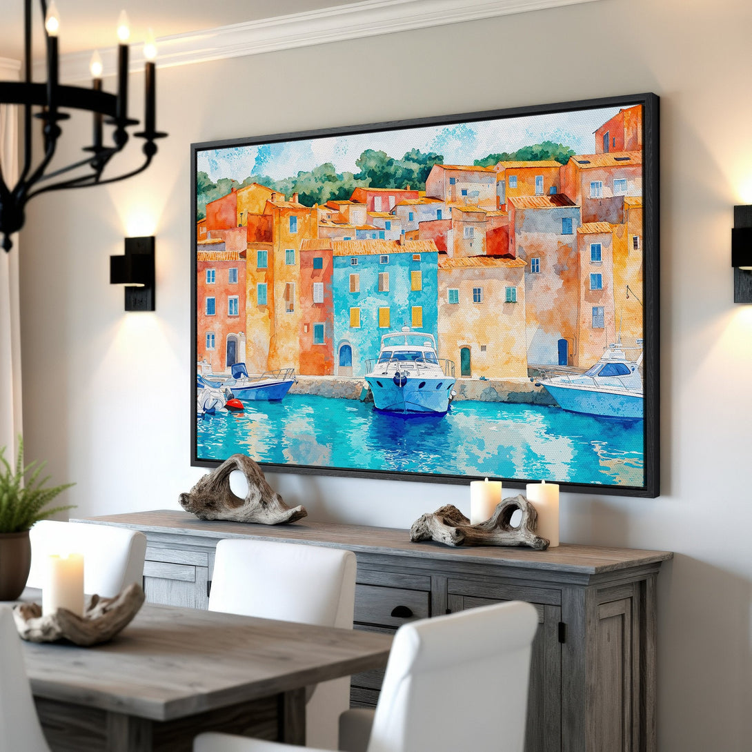 Framed Wall Art: Watercolor coastal scene Canvas Print. Vibrant blues, oranges & yellows. Perfect for adding a pop of color to your home decor.