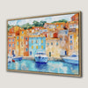 Vibrant Coastal Village Framed Canvas Print Art Deco