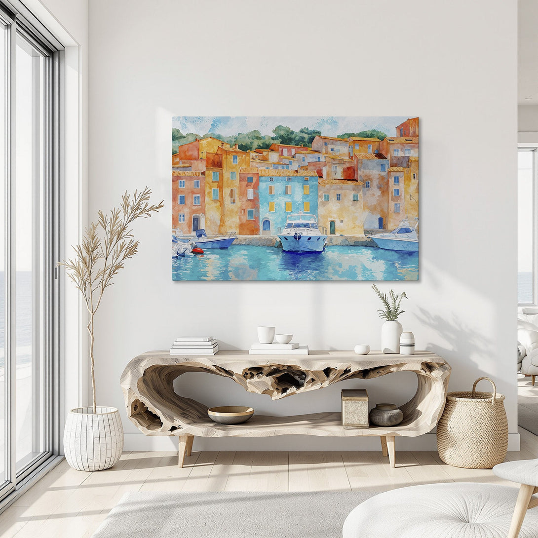 Framed Wall Art: Watercolor painting of a coastal village with boats, vibrant blues, oranges, and yellows. Perfect for adding a pop of color to your home!