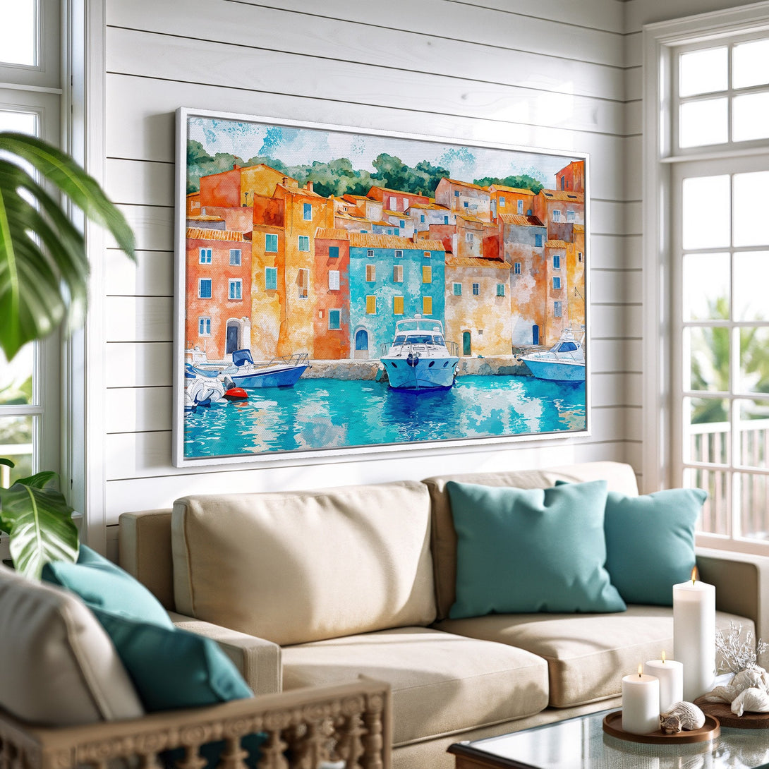 Framed Wall Art: Watercolor coastal scene with colorful buildings and boats. Features a vibrant palette of turquoise, orange, and blue. Perfect for adding a pop of color!