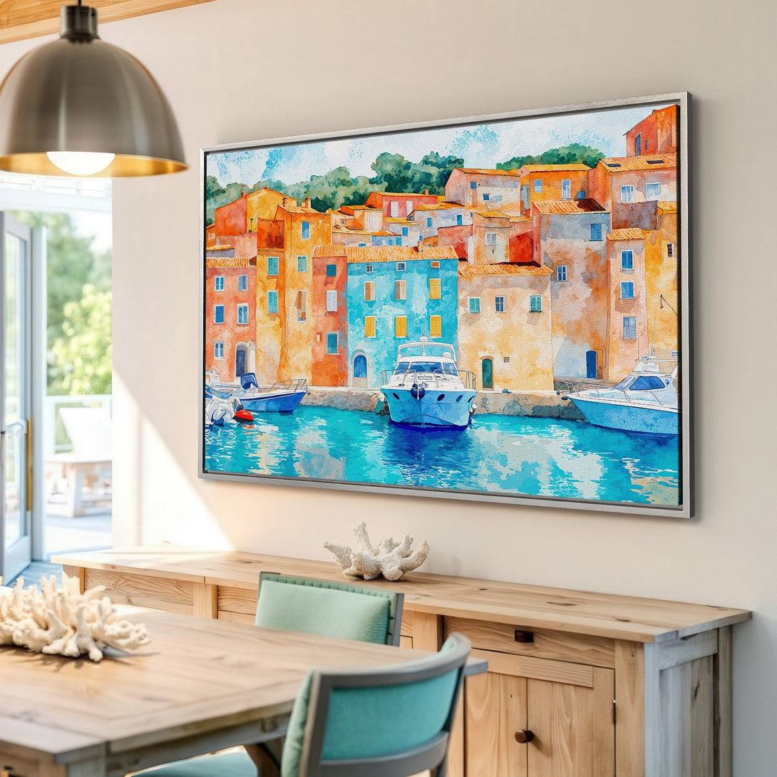 Framed Wall Art: Watercolor coastal scene with boats and colorful buildings. Bright blues, oranges, and turquoise hues. Perfect for adding a touch of seaside charm.