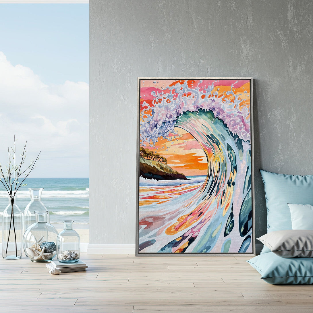 Framed Wall Art: Watercolor wave art in vibrant hues of orange, pink, and blue. Coastal-inspired artwork perfect for adding a splash of color to your home.