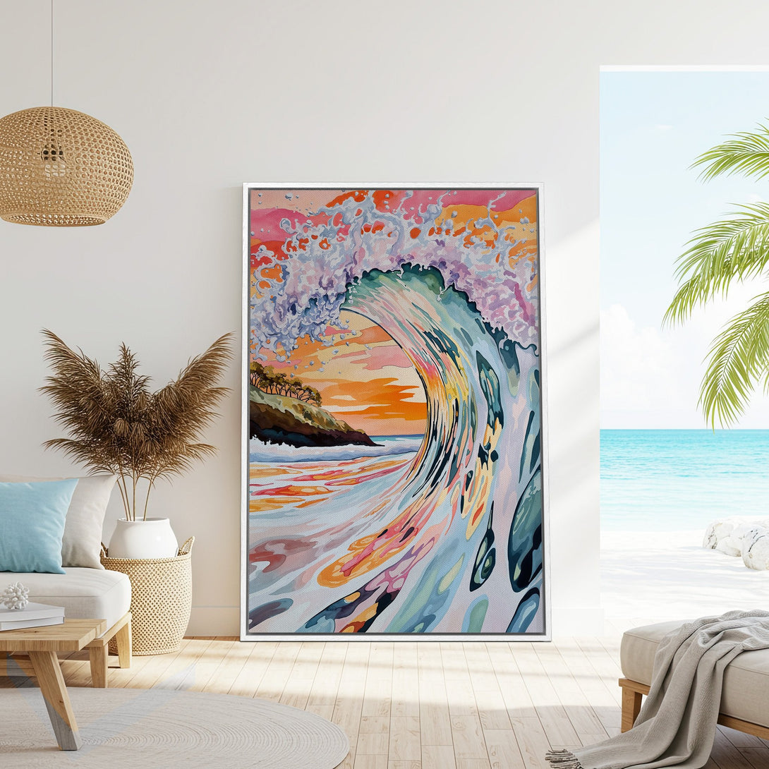 Framed Wall Art: Watercolor wave art in vibrant sunset hues. Coastal decor with a colorful palette of orange, pink, and blue. Perfect for beach house vibes.