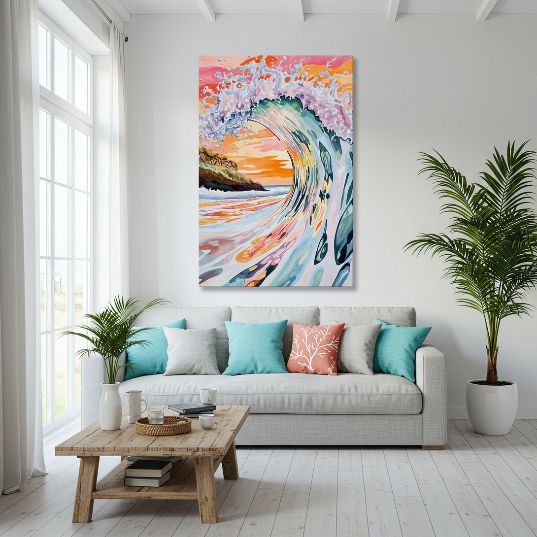 Framed Wall Art of a watercolor wave in a coastal interior. Vibrant blues, pinks, and oranges create a stunning beach scene. Add coastal vibes to your home!