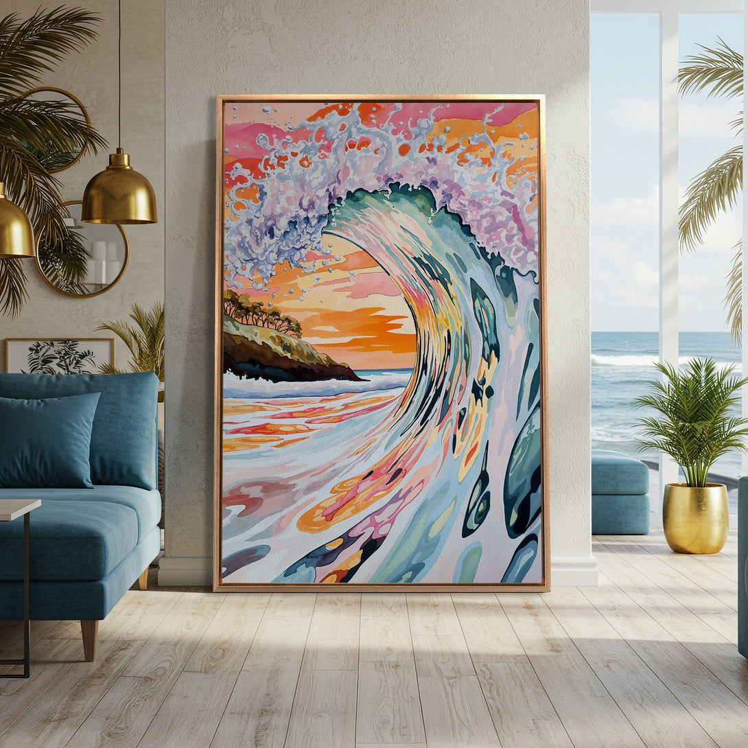 Framed Wall Art: Vibrant watercolor wave art in a coastal interior. Features a sunset color palette with blues, oranges, and pinks. Perfect for adding a touch of the ocean to your home.
