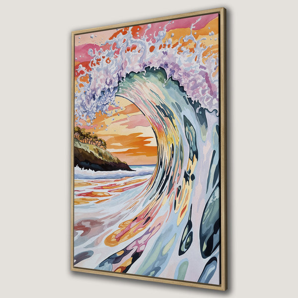 Framed Wall Art Canvas Print of a colorful watercolor wave crashing. Coastal art in vibrant sunset hues of orange, pink, and blue. Perfect beach decor.