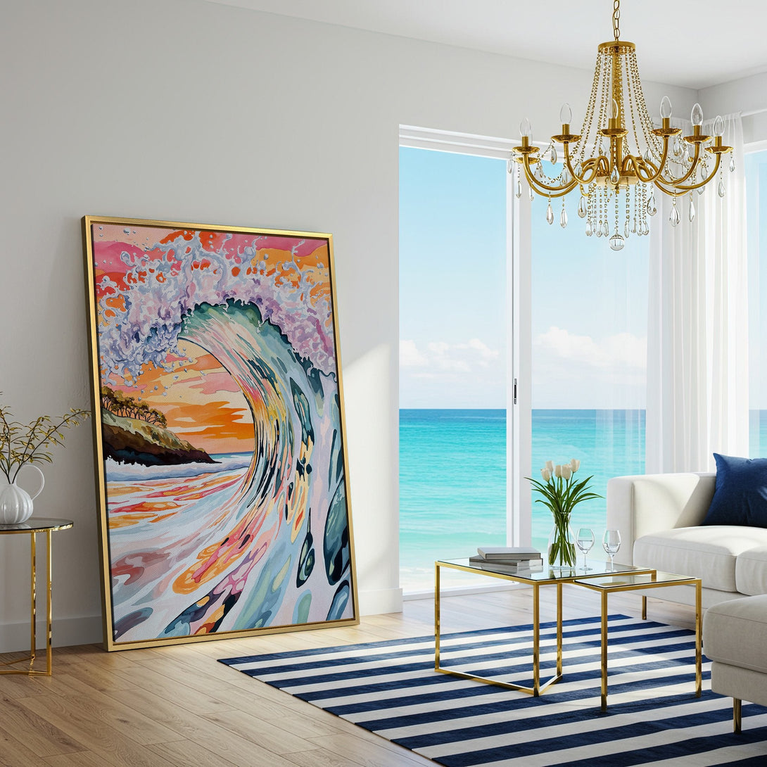 Canvas Print of a watercolor wave painting in a bright, airy interior. Features a vibrant, colorful palette of blues, oranges, and pinks.